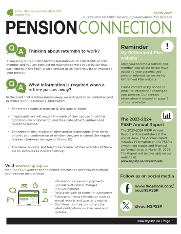 Page one of the Spring 2024 PSSP Pension News for Retired Members