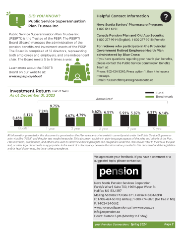 Page two of the Spring 2024 PSSP Pension News for Retired Members