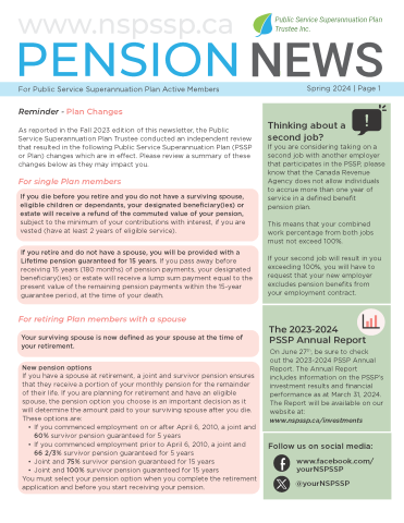 Page one of the Spring 2024 PSSP Pension News for Active Members