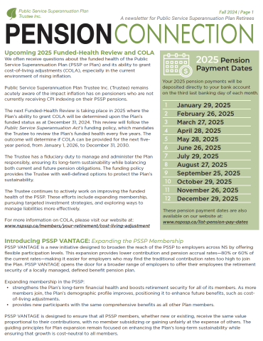 Page one of the Fall 2024 PSSP Pension News for Retired Members